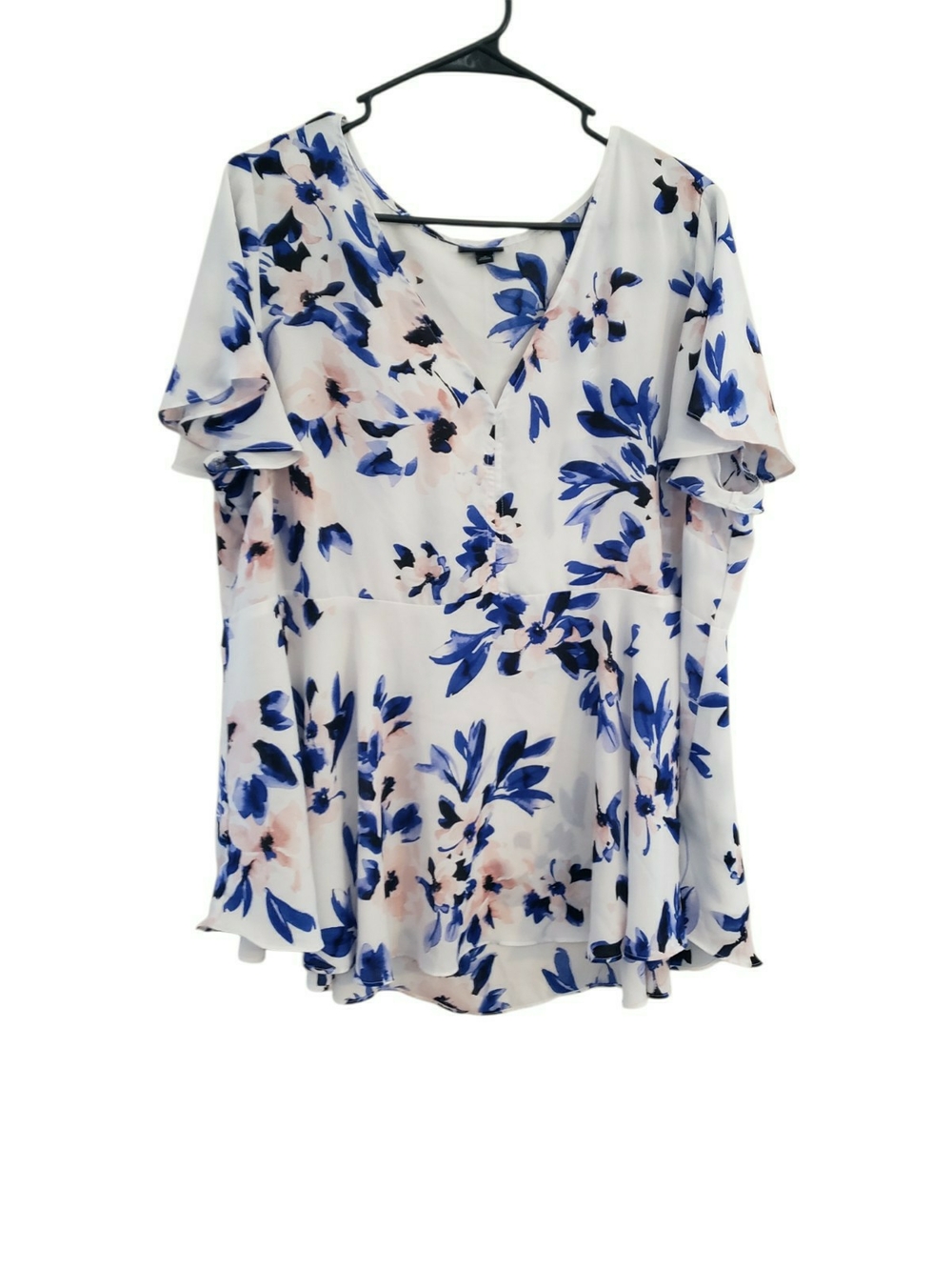 torrid White Floral V-Neck Blouse with Blue and Pink Print